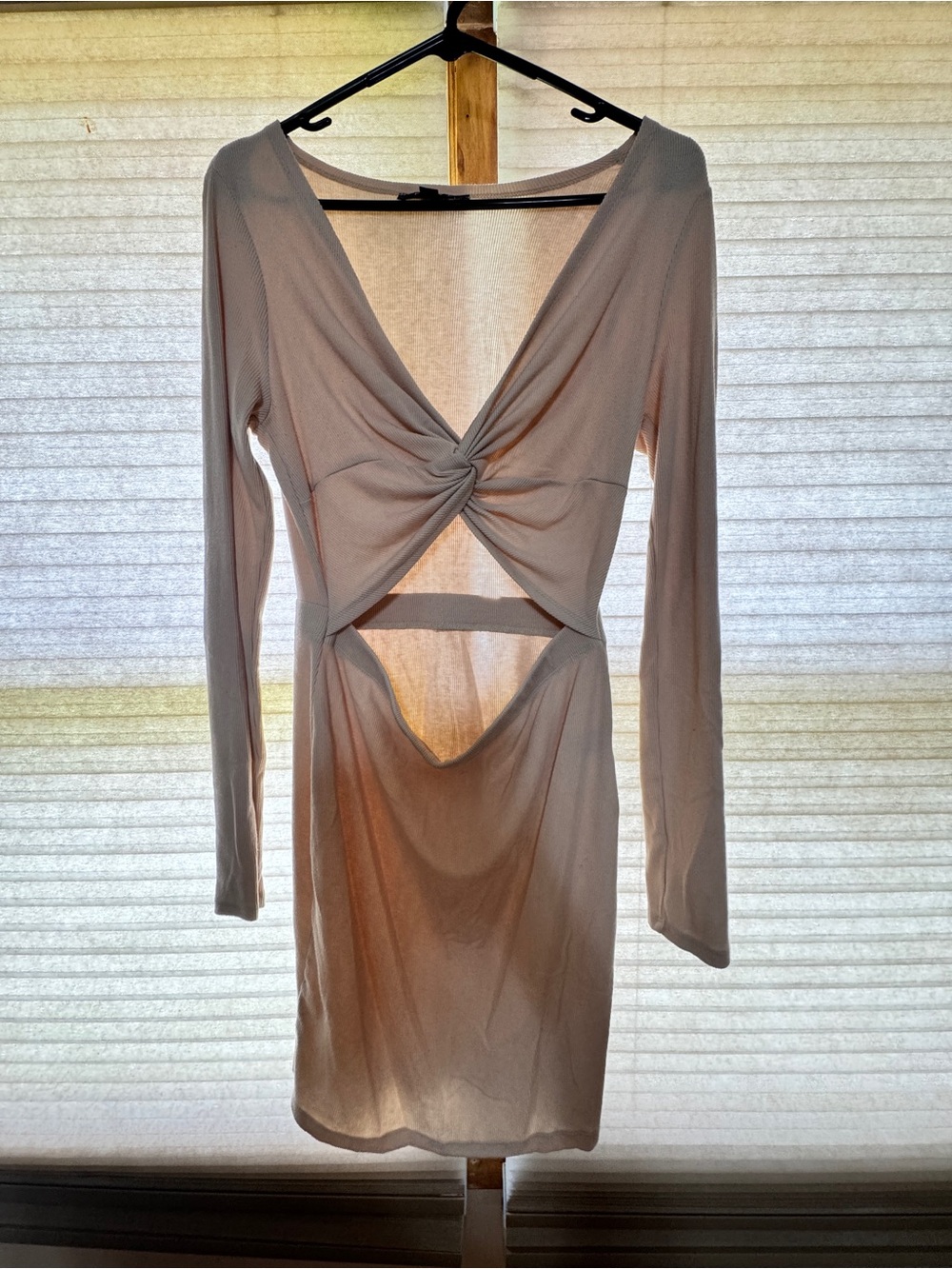 Twist-Front Long Sleeve Cutout Dress in Light Beige
